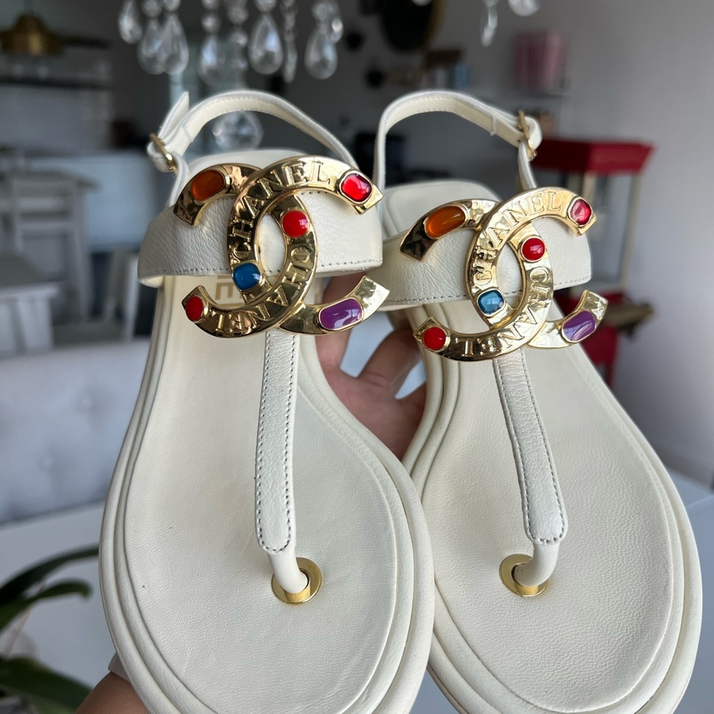 SOLD CHANEL White Sandals with Gold Accents